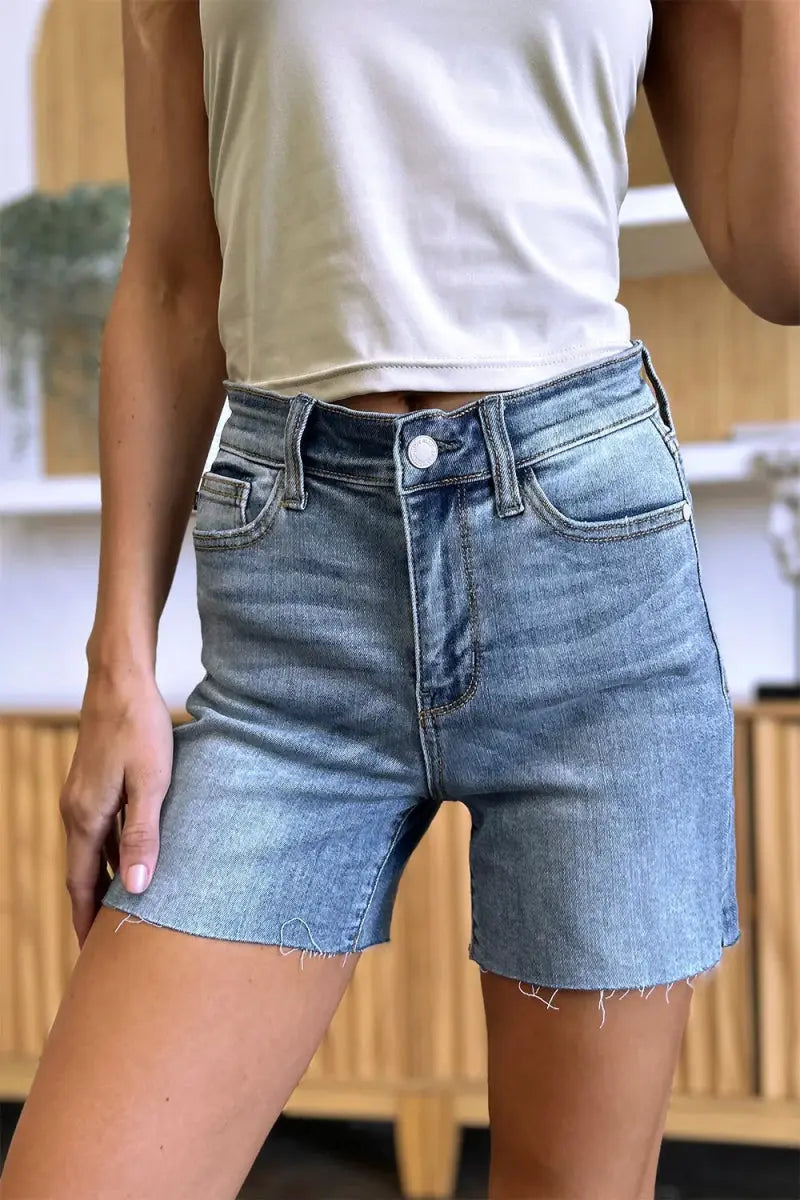 Judy Blue Full Size High Waist Raw Hem Denim Shorts for Summer - Love Salve